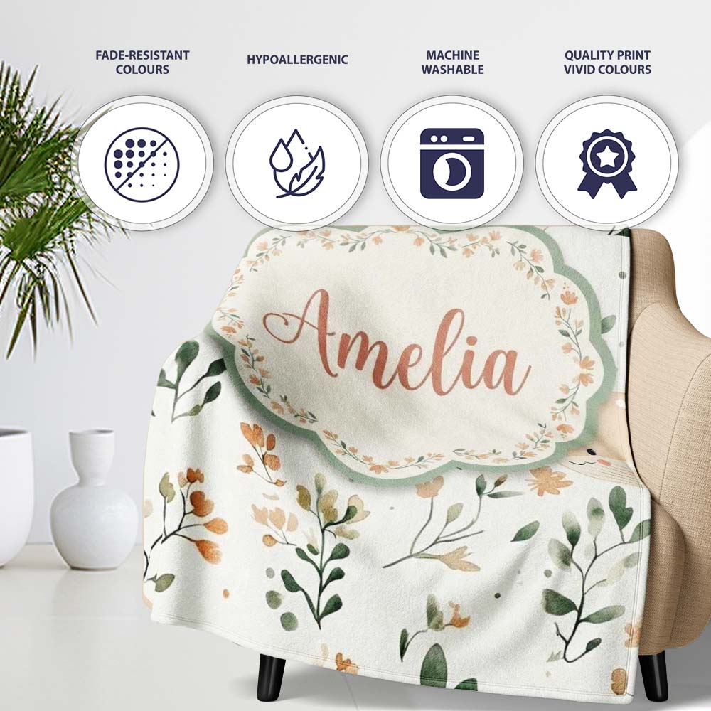 Cute Baby Whale Ocean Floral Watercolor Seamless Pattern Name Personalised Custom Name Super Soft Fleece Blanket Bed Sofa Throw