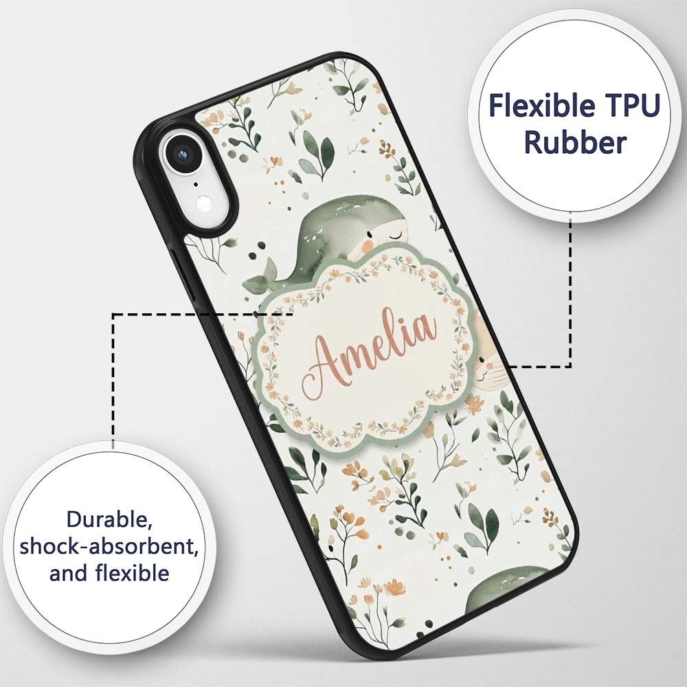 Cute Baby Whale Ocean Floral Watercolor Seamless Custom Name Protective Phone Case Mobile Cover Durable Everyday Smartphone Shock Resistant
