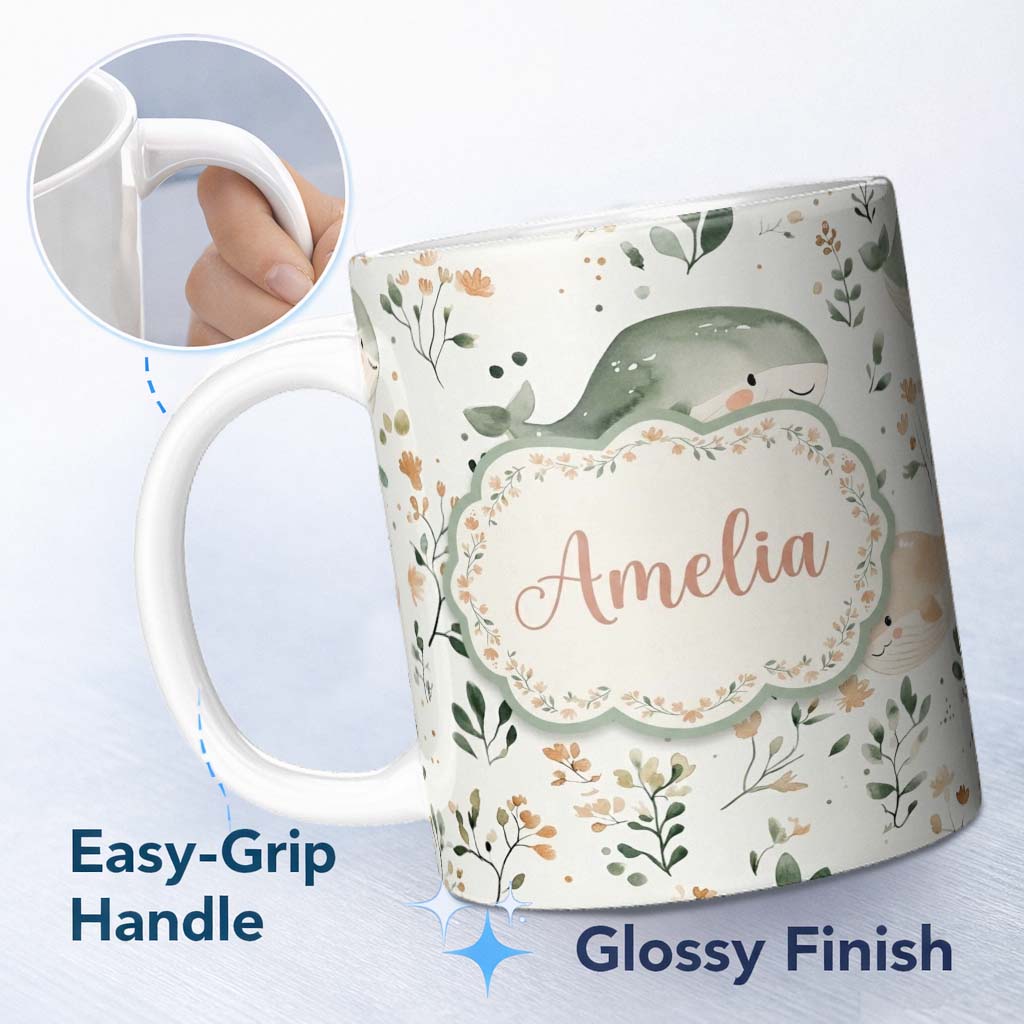 Personalized Custom Name Cute Baby Whale Ocean Floral Watercolor Seamless Pattern Name 11oz Ceramic Coffee Tea Mug White Large Handle