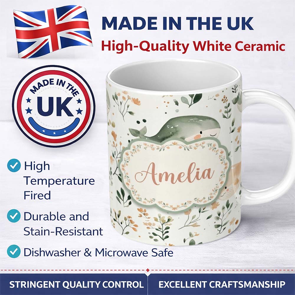 Personalized Custom Name Cute Baby Whale Ocean Floral Watercolor Seamless Pattern Name 11oz Ceramic Coffee Tea Mug White Large Handle