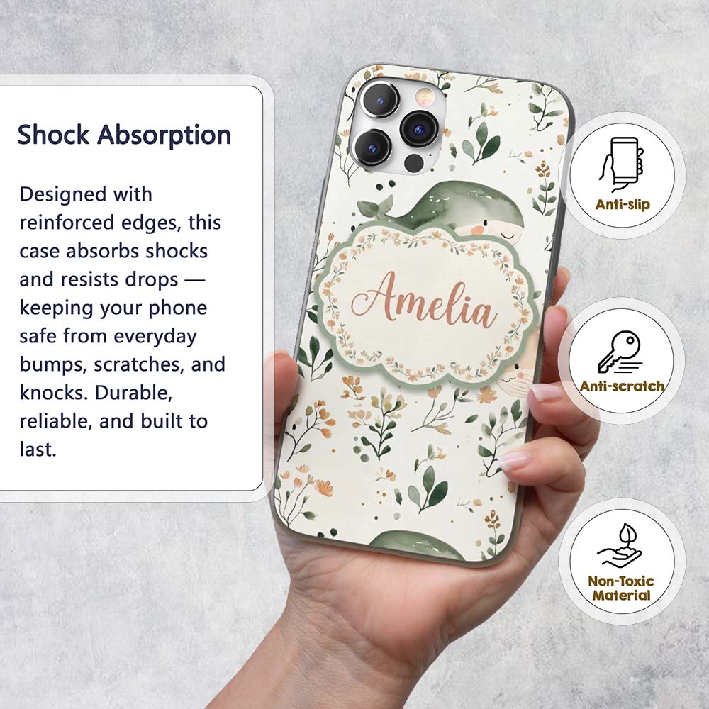 Cute Baby Whale Ocean Floral Watercolor Seamless Custom Name Protective Phone Case Mobile Cover Durable Everyday Smartphone Shock Resistant