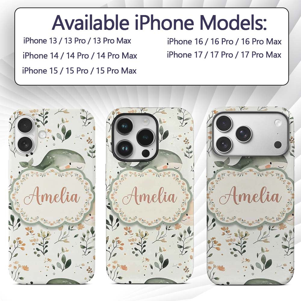 Cute Baby Whale Ocean Floral Watercolor Seamless Custom Name Protective Phone Case Mobile Cover Durable Everyday Smartphone Shock Resistant