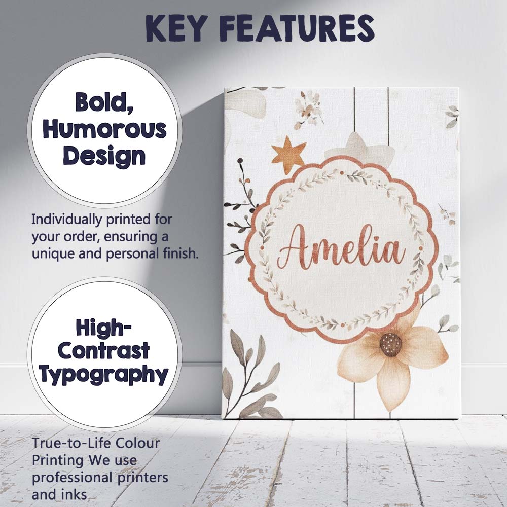 Personalised Name Neutral Floral Star Custom Modern Room Accent Creative Decorator Style Canvas Wall Art Print Decor Picture Ready to Hang