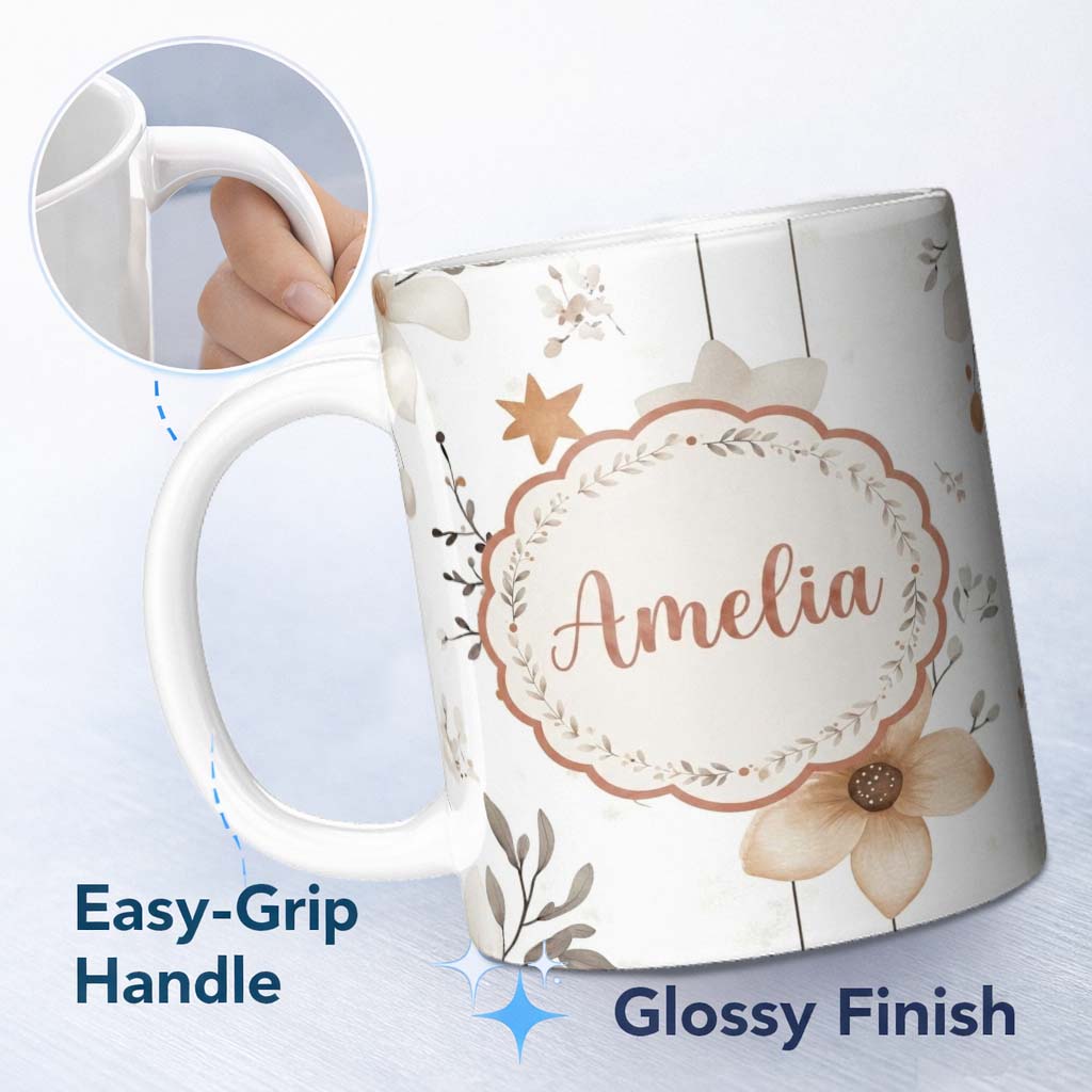 Personalized Custom Name Neutral Floral Star Nursery Watercolor Seamless Pattern Name Cute 11oz Ceramic Coffee Tea Mug White Large Handle
