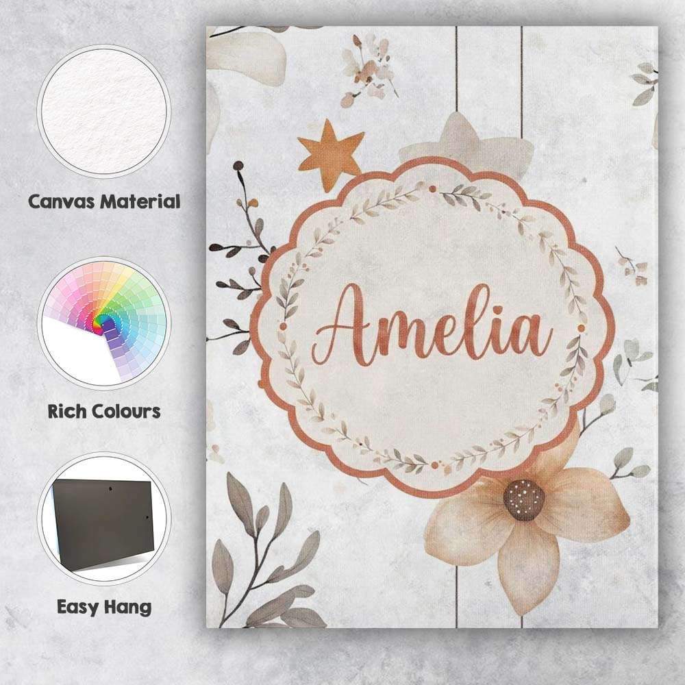 Personalised Name Neutral Floral Star Custom Modern Room Accent Creative Decorator Style Canvas Wall Art Print Decor Picture Ready to Hang