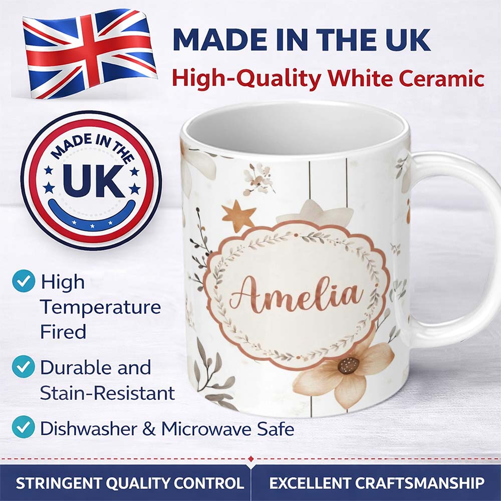 Personalized Custom Name Neutral Floral Star Nursery Watercolor Seamless Pattern Name Cute 11oz Ceramic Coffee Tea Mug White Large Handle