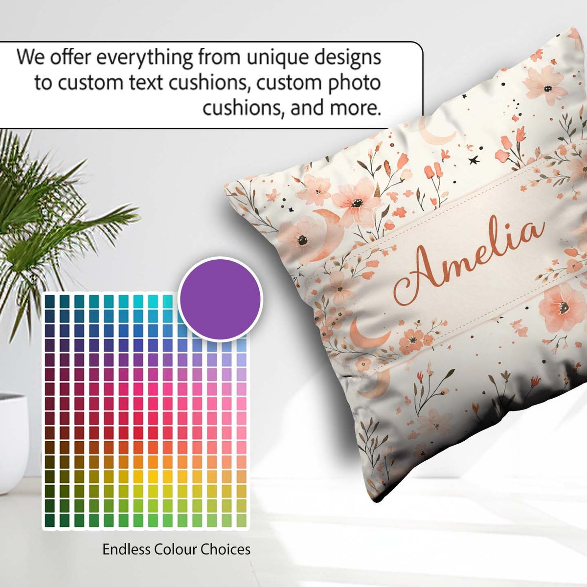 Custom Name Peach Floral Moon Seamless Pattern Stylish Everyday Square Filled Cushion Throw Pillow Sofa Bed Home Decor Zip Washable UK Made