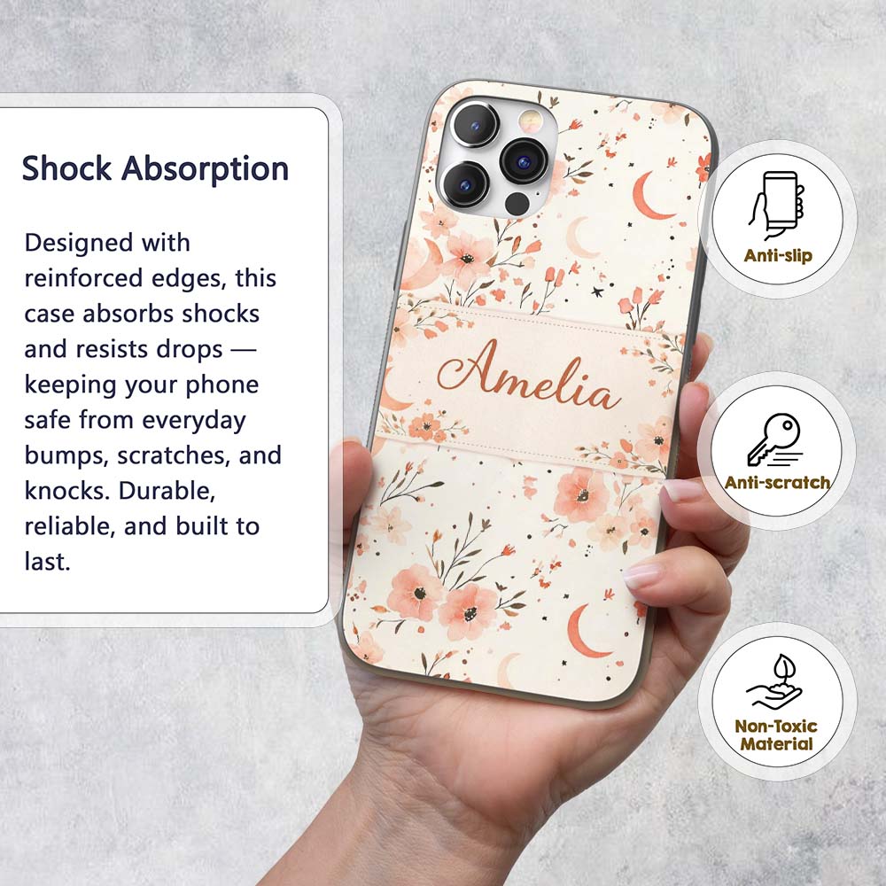 Peach Floral Moon Seamless Pattern Printed Design Custom Name Protective Phone Case Mobile Cover Durable Everyday Smartphone Shock Resistant