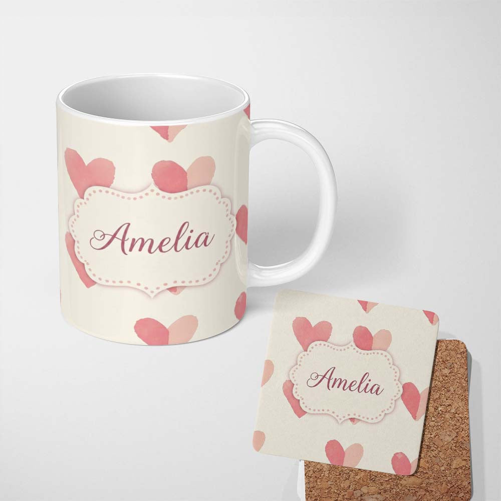 Personalized Custom Name Soft Pink Heart Love Romantic Seamless Pattern Name Cute Unique Gift 11oz Ceramic Coffee Tea Mug White Large Handle