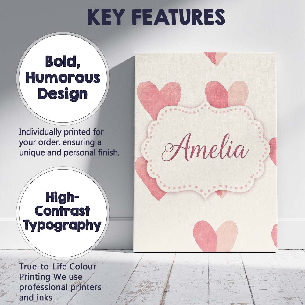 Personalised Name Soft Pink Heart Love Custom Modern Room Accent Elegant Feature Canvas Wall Art Print Decor Picture Ready to Hang