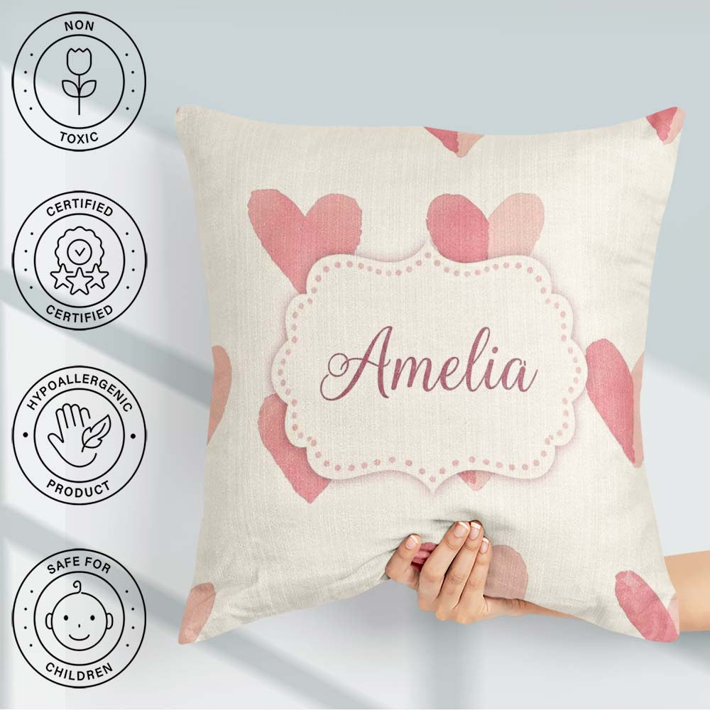 Custom Name Soft Pink Heart Romantic Seamless Pattern Name Cute Square Filled Cushion Throw Pillow Sofa Bed Home Decor Zip Washable UK Made