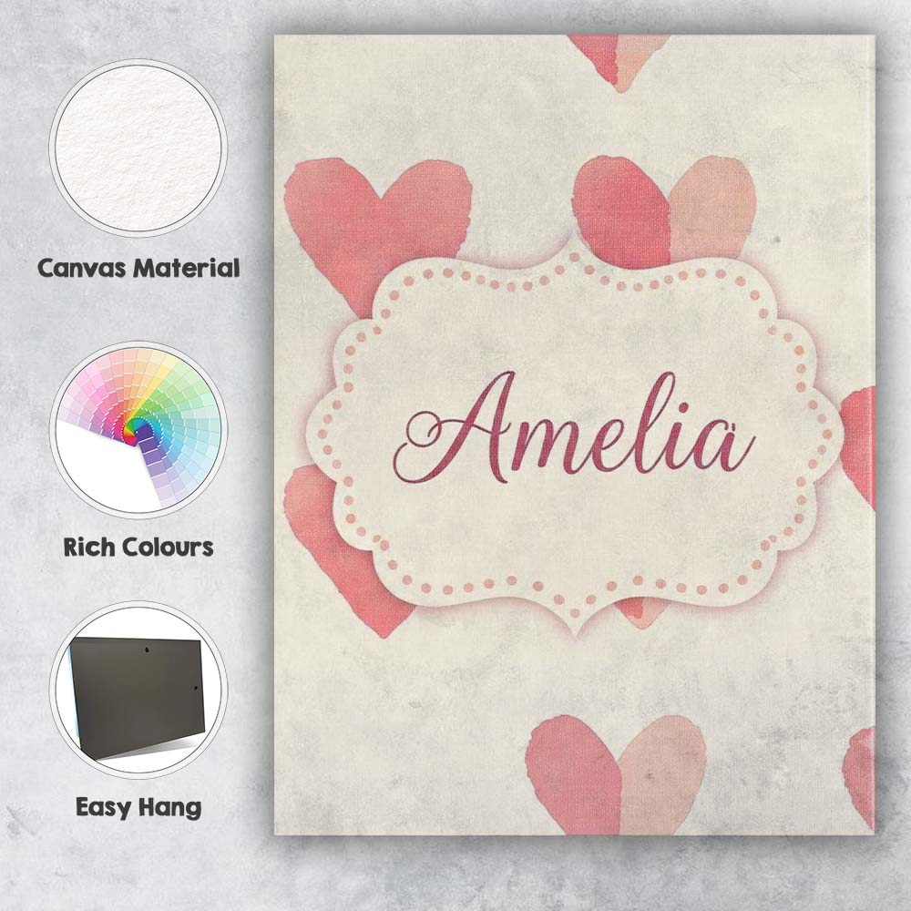 Personalised Name Soft Pink Heart Love Custom Modern Room Accent Elegant Feature Canvas Wall Art Print Decor Picture Ready to Hang