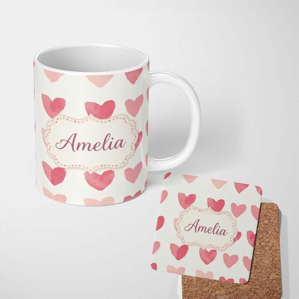 Personalized Custom Name Watercolor Pink Heart Valentines Seamless Pattern Name Cute Unique 11oz Ceramic Coffee Tea Mug White Large Handle