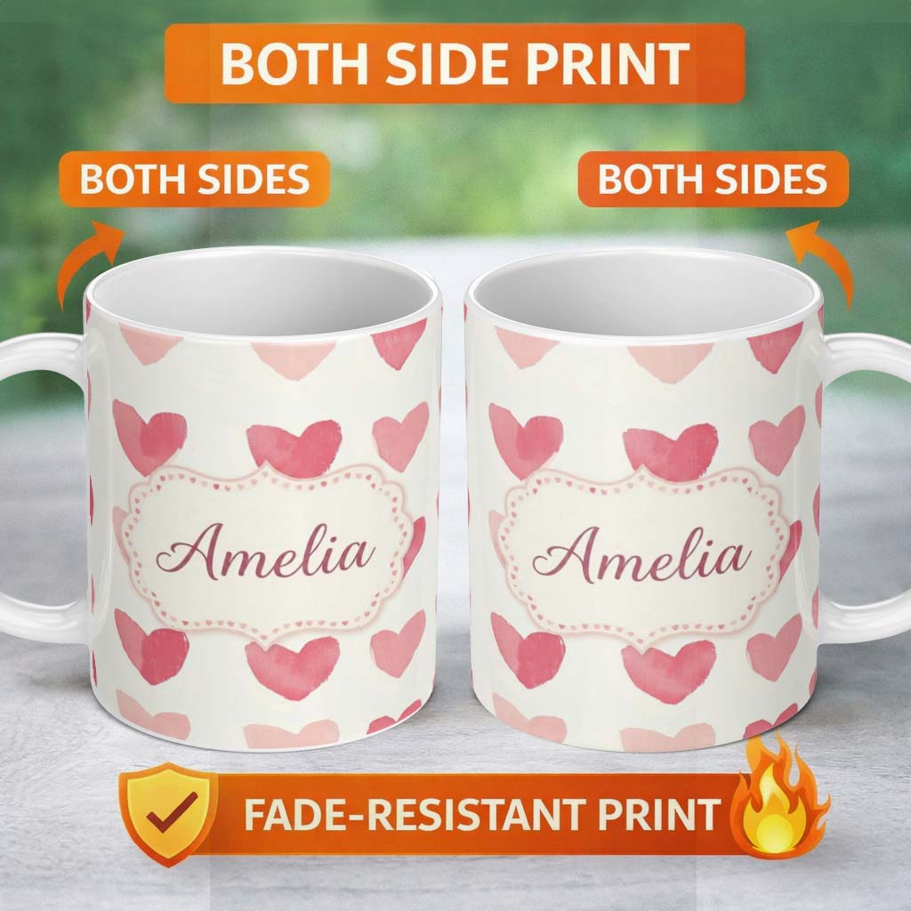 Personalized Custom Name Watercolor Pink Heart Valentines Seamless Pattern Name Cute Unique 11oz Ceramic Coffee Tea Mug White Large Handle