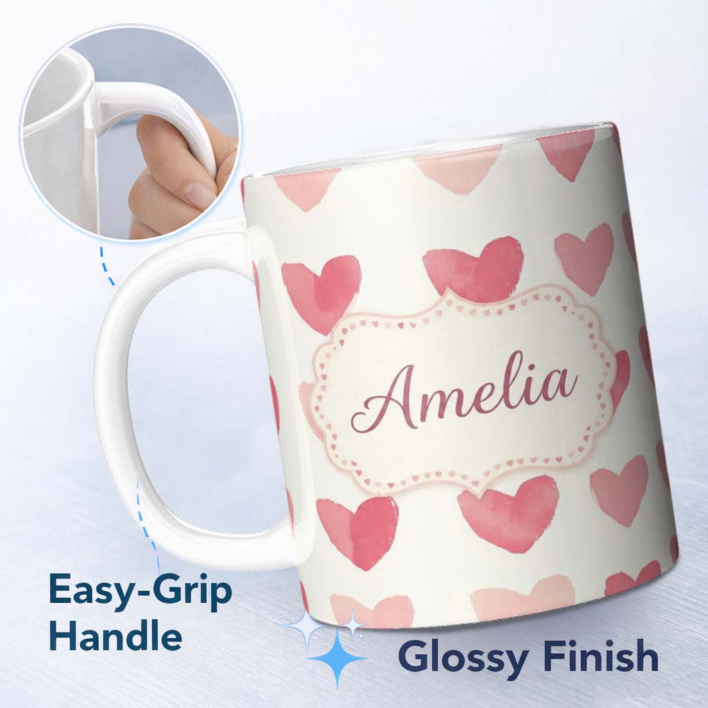 Personalized Custom Name Watercolor Pink Heart Valentines Seamless Pattern Name Cute Unique 11oz Ceramic Coffee Tea Mug White Large Handle