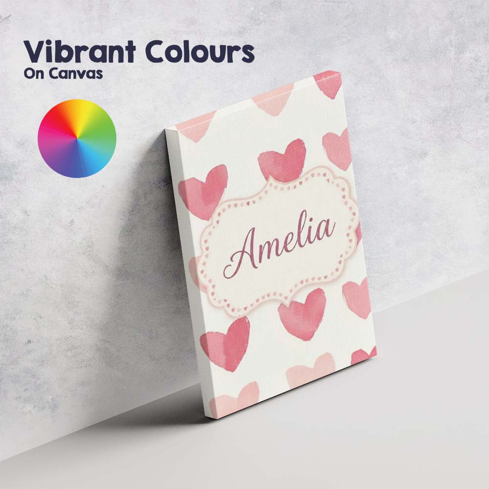 Personalised Name Watercolor Pink Heart Custom Modern Room Accent Elegant Feature Canvas Wall Art Print Decor Picture Ready to Hang