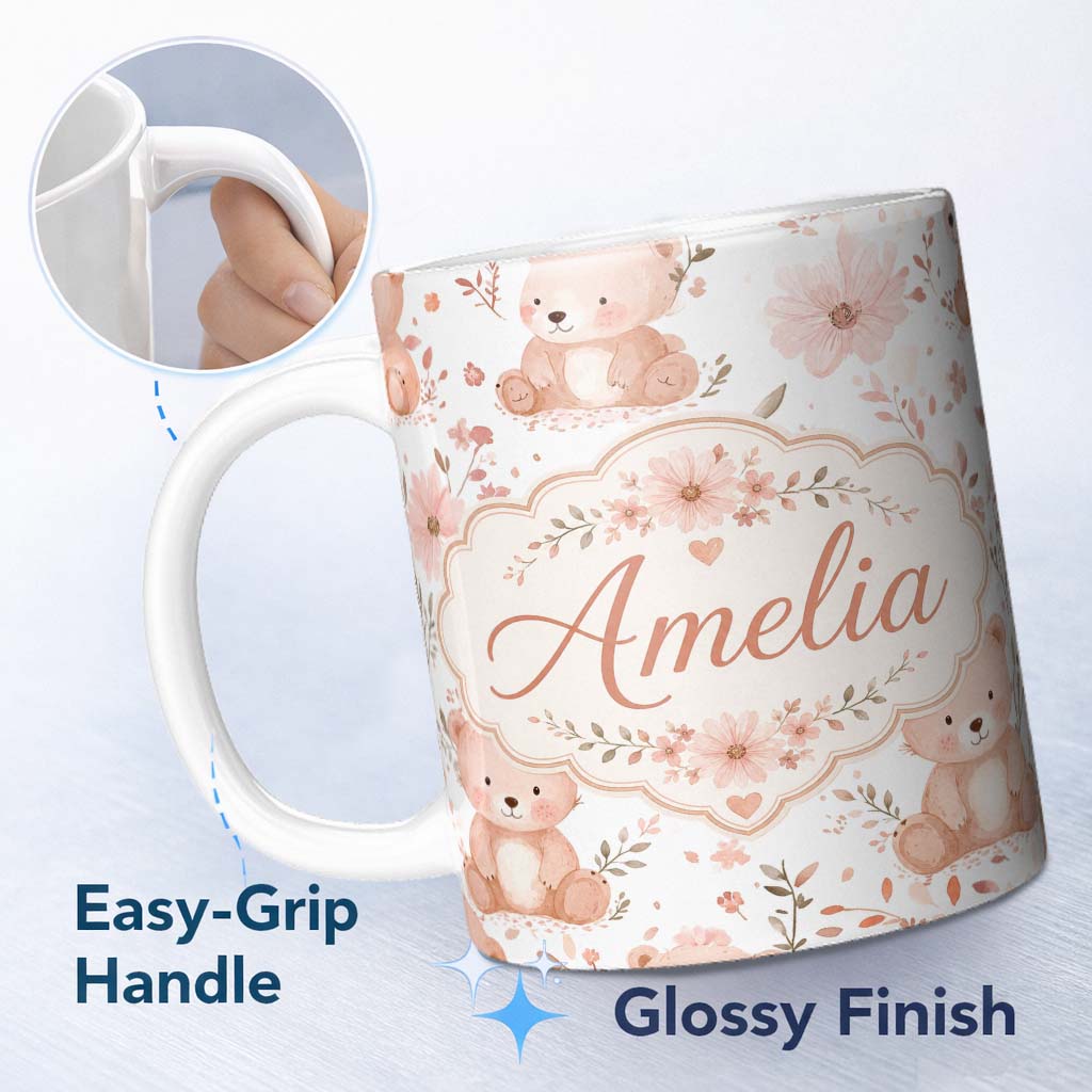 Personalized Custom Name Cute Teddy Bear Floral Pastel Seamless Pattern Name Unique Gift 11oz Ceramic Coffee Tea Mug White Large Handle