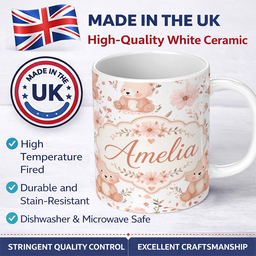 Personalized Custom Name Cute Teddy Bear Floral Pastel Seamless Pattern Name Unique Gift 11oz Ceramic Coffee Tea Mug White Large Handle