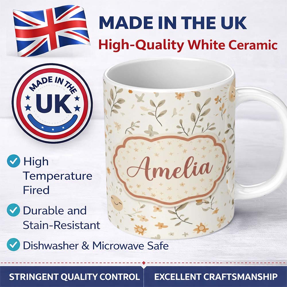 Personalized Custom Name Smiling Sun Floral Nature Cute Seamless Pattern Name Unique Gift 11oz Ceramic Coffee Tea Mug White Large Handle