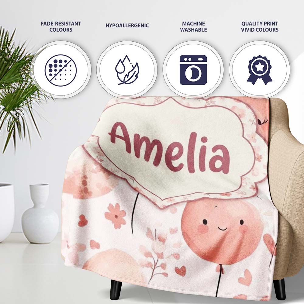 Cute Balloon Pastel Kids Party Seamless Pattern Name Unique Gift Personalised Custom Name Super Soft Fleece Blanket Bed Sofa Throw