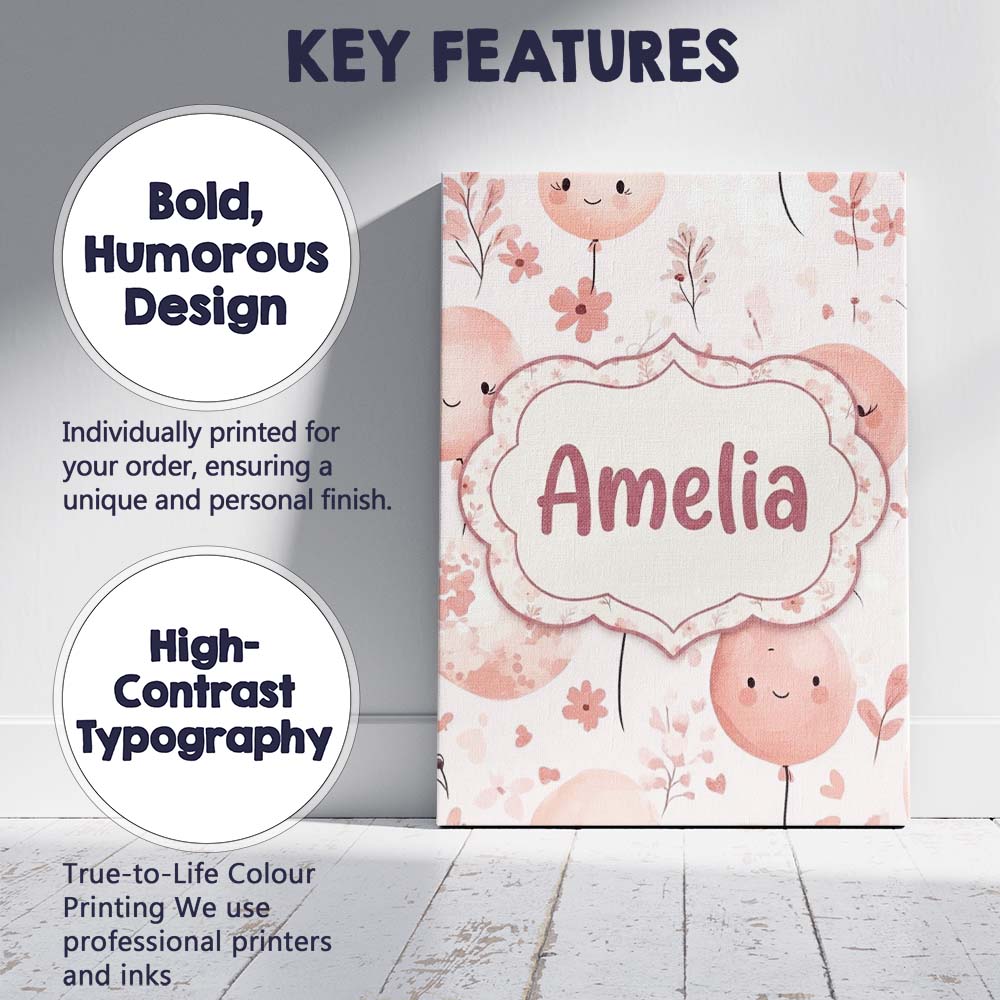 Personalised Name Cute Balloon Pastel Kids Custom Unique Gift Idea Elegant Feature Canvas Wall Art Print Decor Picture Ready to Hang