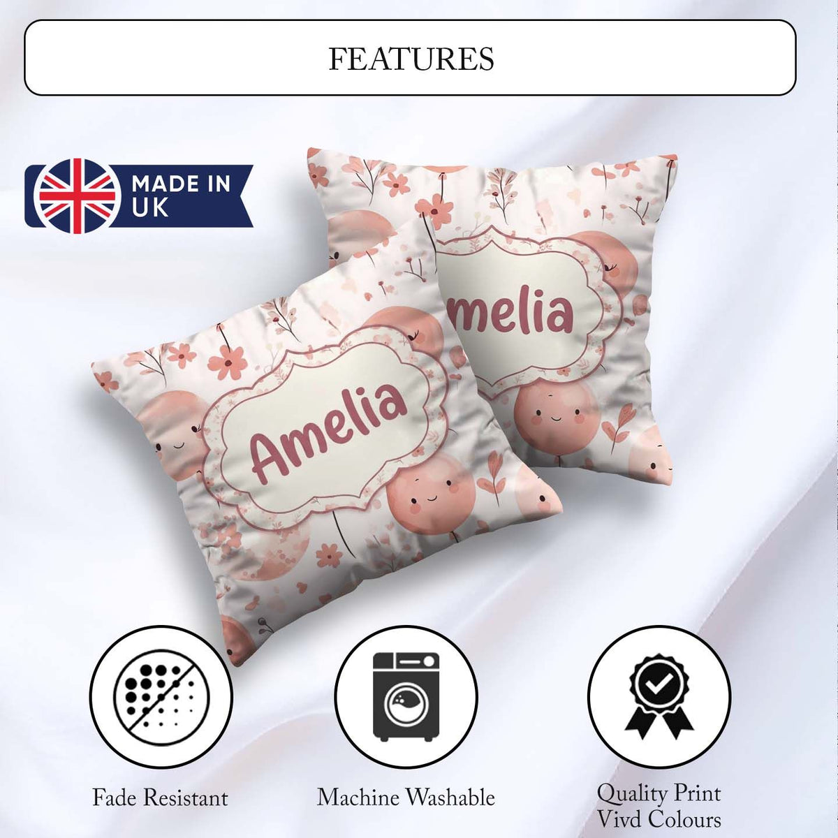 Custom Name Cute Balloon Pastel Kids Party Seamless Pattern Name Square Filled Cushion Throw Pillow Sofa Bed Home Decor Zip Washable UK Made