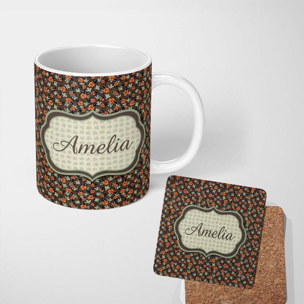 Personalized Custom Name Vintage Ladybug Leaf Nature Seamless Pattern Name Cute Unique Gift 11oz Ceramic Coffee Tea Mug White Large Handle