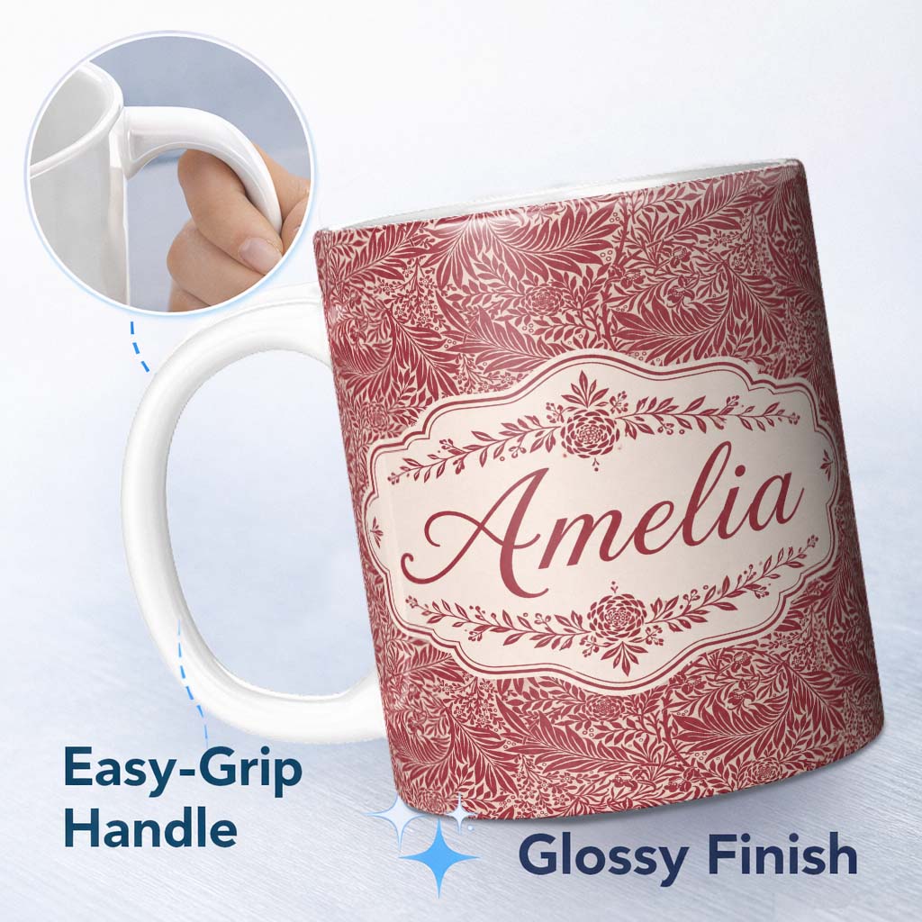 Personalized Custom Name Elegant Red Botanical Floral Classic Seamless Pattern Name Cute 11oz Ceramic Coffee Tea Mug White Large Handle