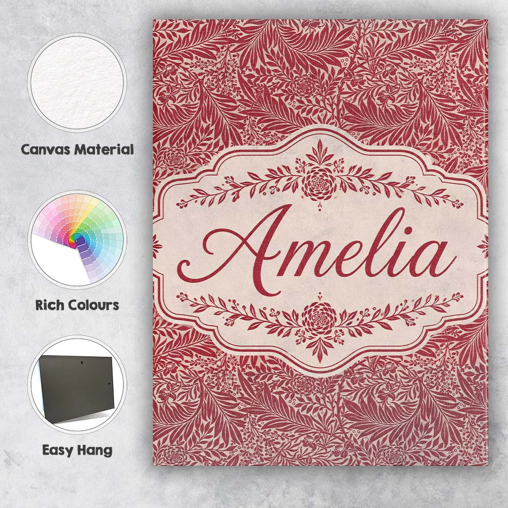 Personalised Name Elegant Red Botanical Custom Unique Gift Idea Modern Room Accent Canvas Wall Art Print Decor Picture Ready to Hang