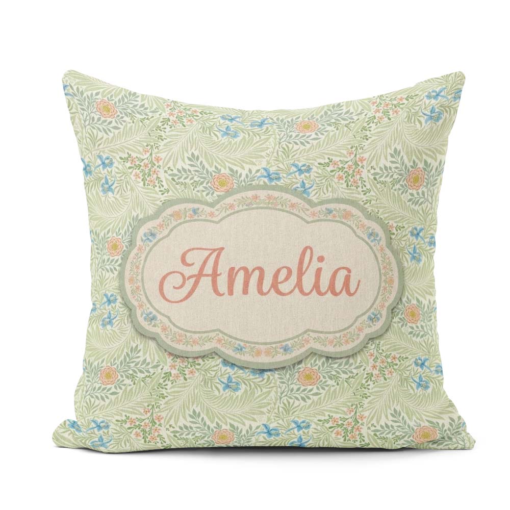 Custom Name Soft Green Floral Bird Garden Seamless Pattern Name Square Filled Cushion Throw Pillow Sofa Bed Home Decor Zip Washable UK Made