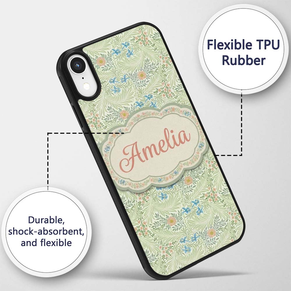 Soft Green Floral Bird Garden Seamless Pattern Custom Name Protective Phone Case Mobile Cover Durable Everyday Smartphone Shock Resistant
