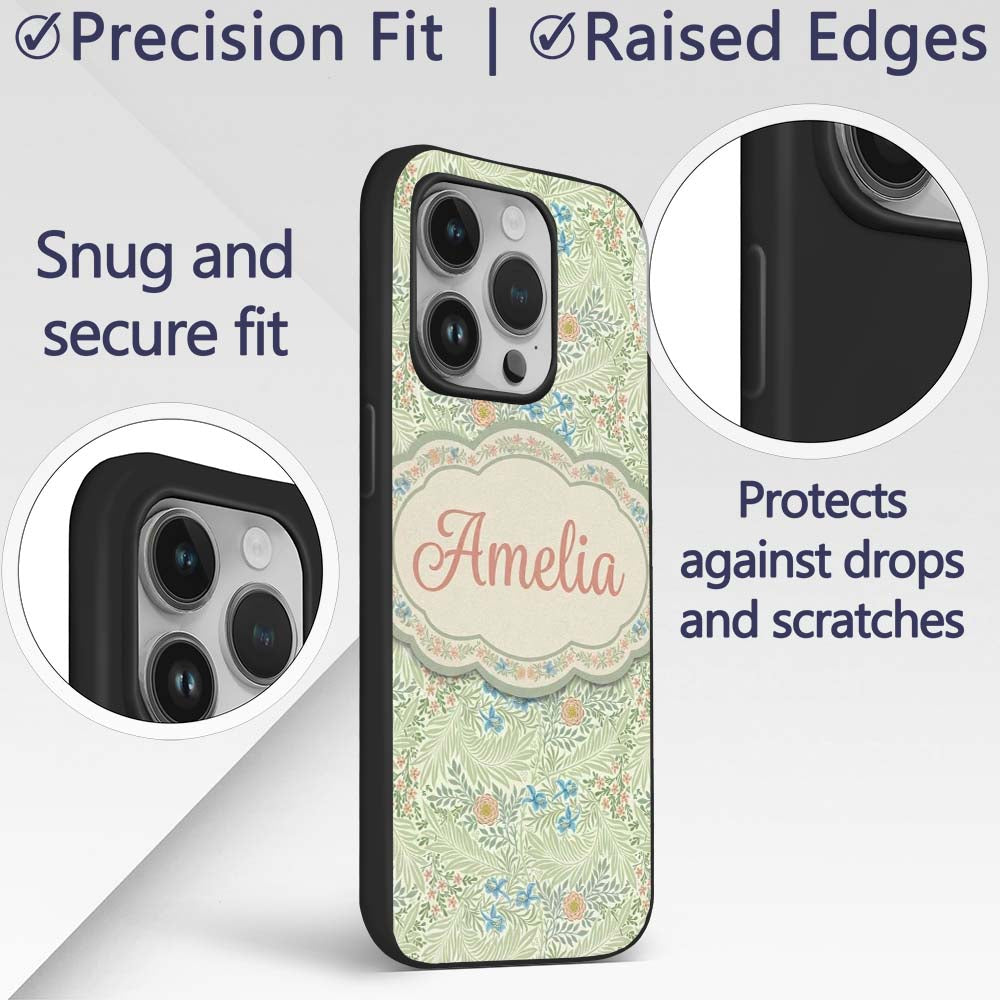 Soft Green Floral Bird Garden Seamless Pattern Custom Name Protective Phone Case Mobile Cover Durable Everyday Smartphone Shock Resistant