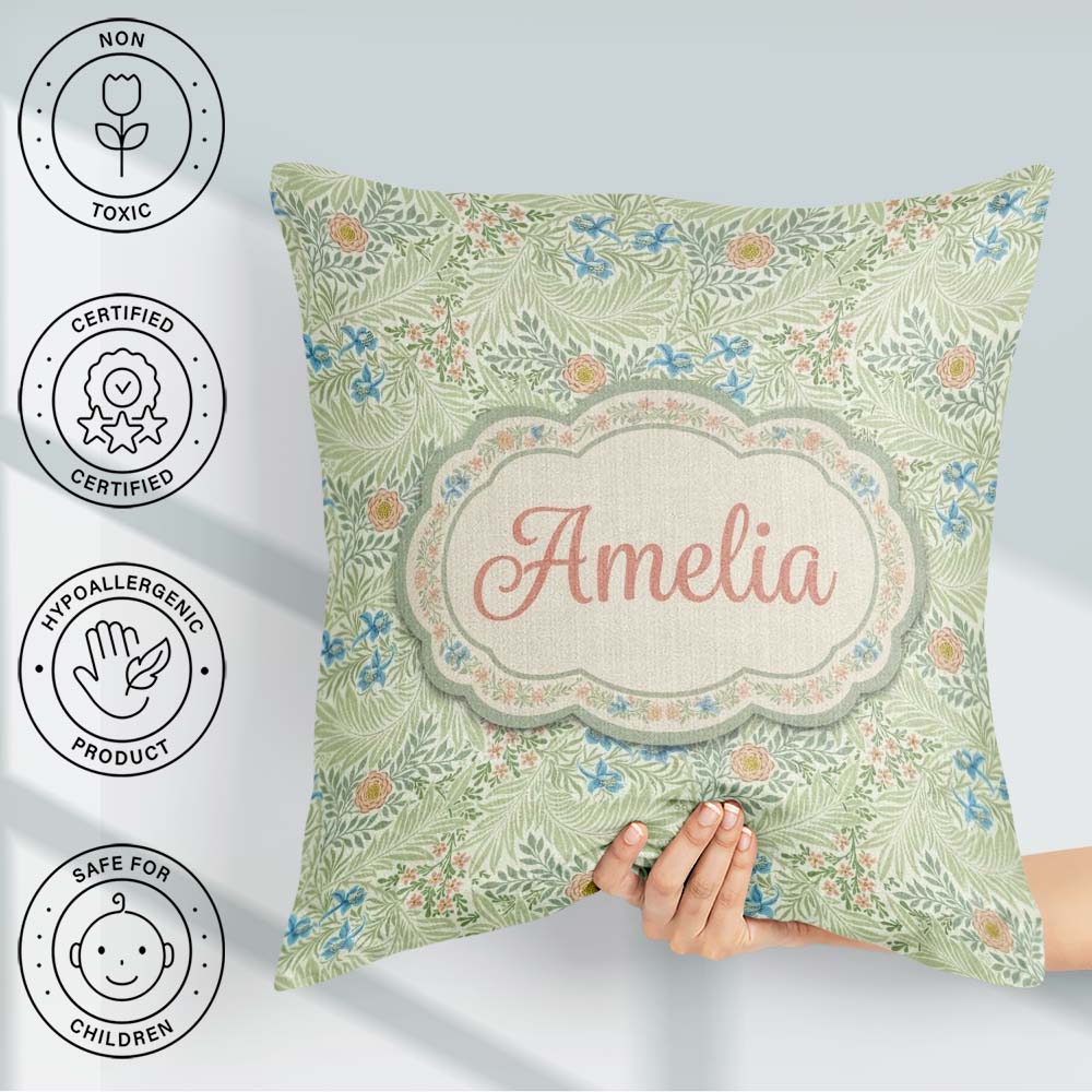 Custom Name Soft Green Floral Bird Garden Seamless Pattern Name Square Filled Cushion Throw Pillow Sofa Bed Home Decor Zip Washable UK Made