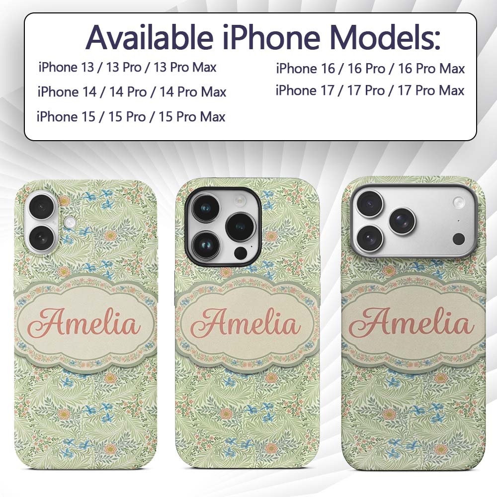 Soft Green Floral Bird Garden Seamless Pattern Custom Name Protective Phone Case Mobile Cover Durable Everyday Smartphone Shock Resistant