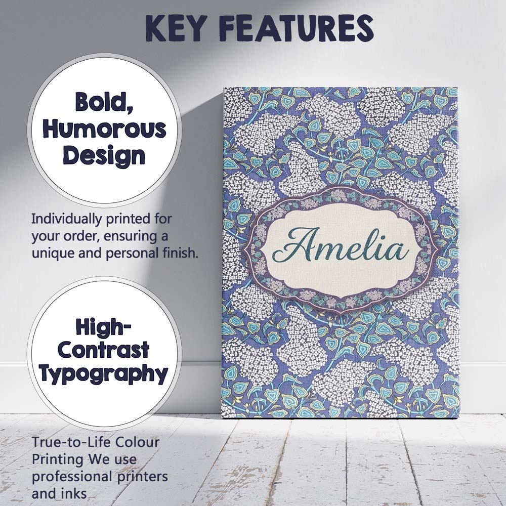 Personalised Name Blue Hydrangea Floral Custom Modern Room Accent Elegant Feature Canvas Wall Art Print Decor Picture Ready to Hang
