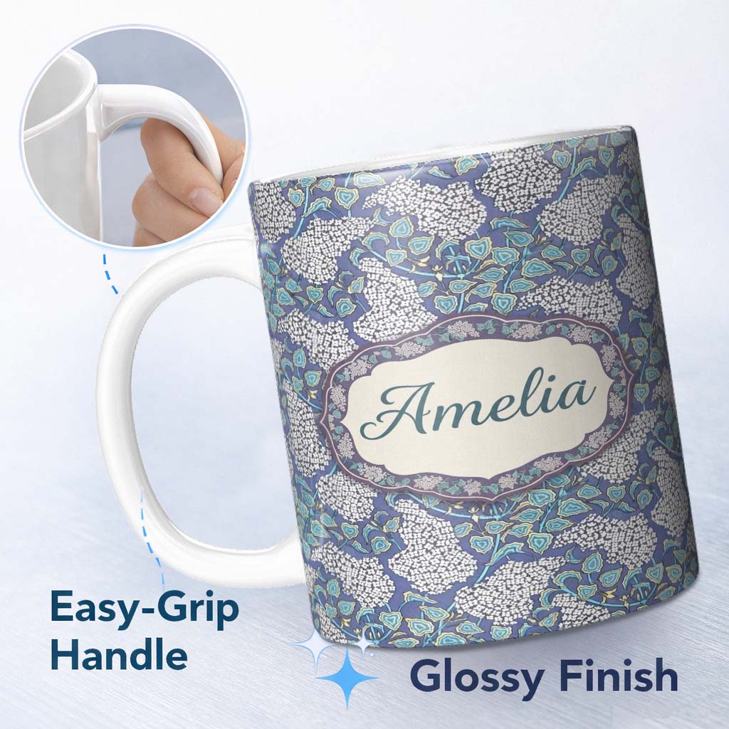 Personalized Custom Name Blue Hydrangea Floral Vintage Seamless Pattern Name Cute Unique Gift 11oz Ceramic Coffee Tea Mug White Large Handle