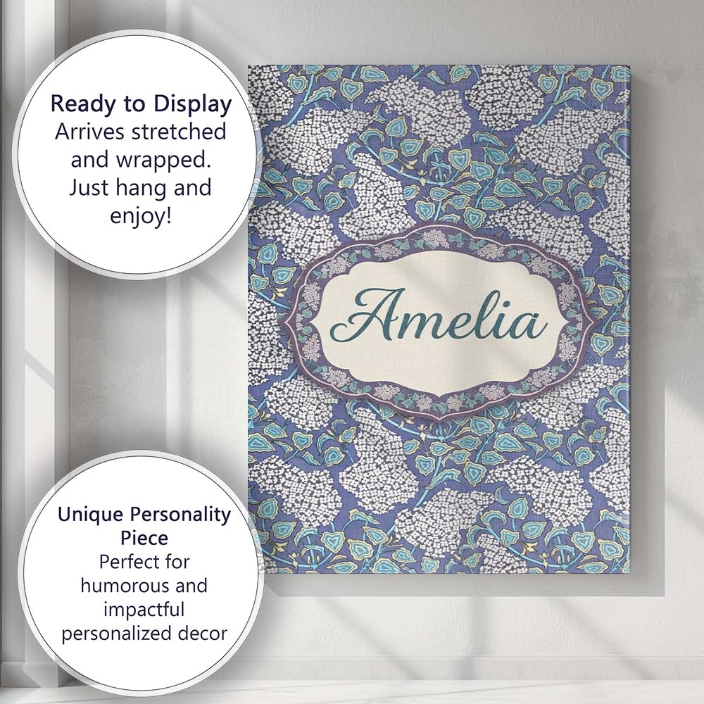Personalised Name Blue Hydrangea Floral Custom Modern Room Accent Elegant Feature Canvas Wall Art Print Decor Picture Ready to Hang