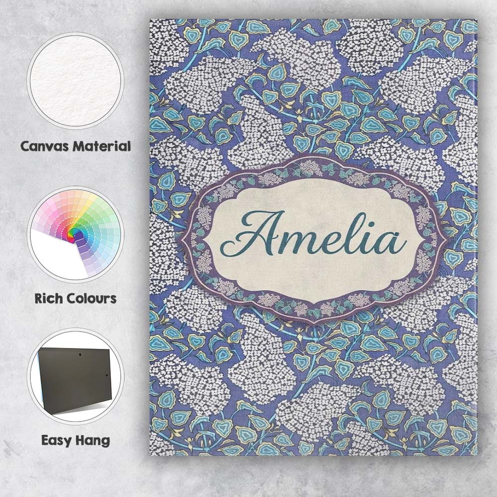 Personalised Name Blue Hydrangea Floral Custom Modern Room Accent Elegant Feature Canvas Wall Art Print Decor Picture Ready to Hang