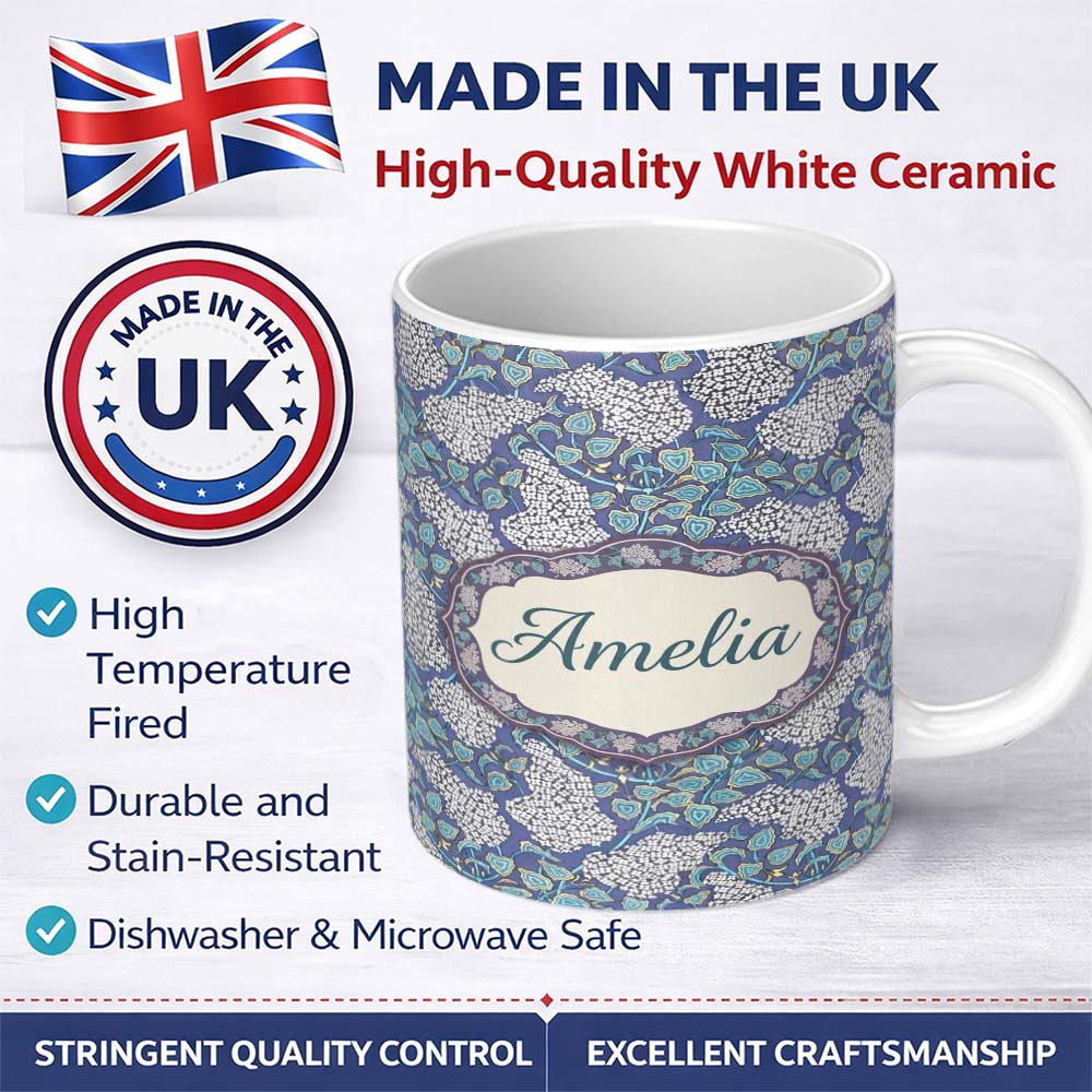 Personalized Custom Name Blue Hydrangea Floral Vintage Seamless Pattern Name Cute Unique Gift 11oz Ceramic Coffee Tea Mug White Large Handle