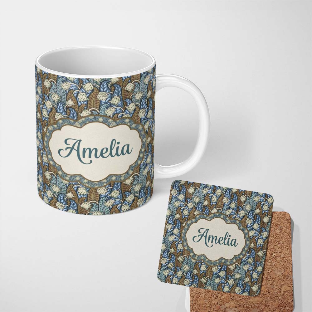 Personalized Custom Name Art Nouveau Lily Bell Floral Seamless Pattern Custom Name Cute 11oz Ceramic Coffee Tea Mug White Large Handle