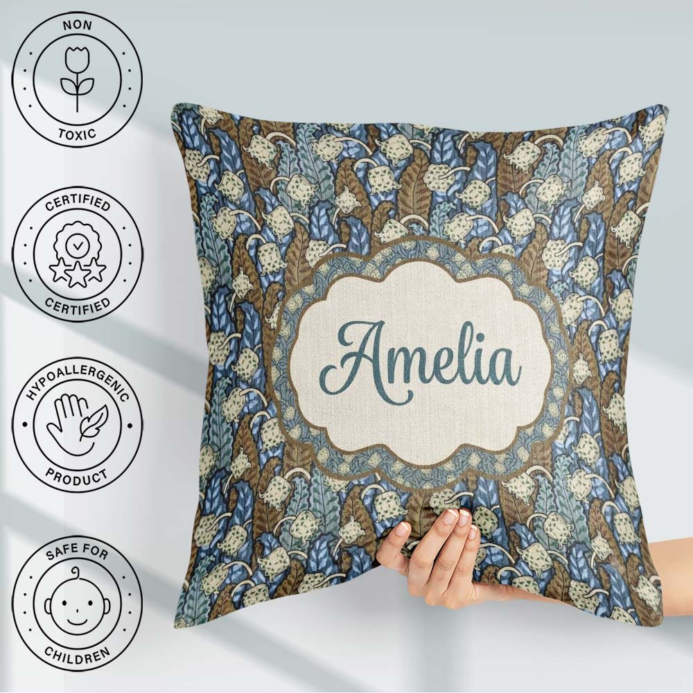 Custom Name Art Nouveau Lily Bell Floral Seamless Pattern Cute Square Filled Cushion Throw Pillow Sofa Bed Home Decor Zip Washable UK Made