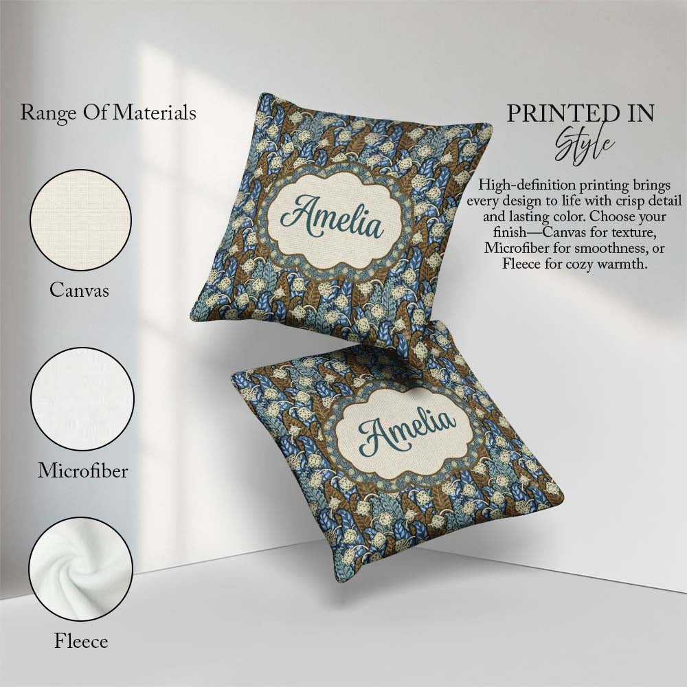 Custom Name Art Nouveau Lily Bell Floral Seamless Pattern Cute Square Filled Cushion Throw Pillow Sofa Bed Home Decor Zip Washable UK Made