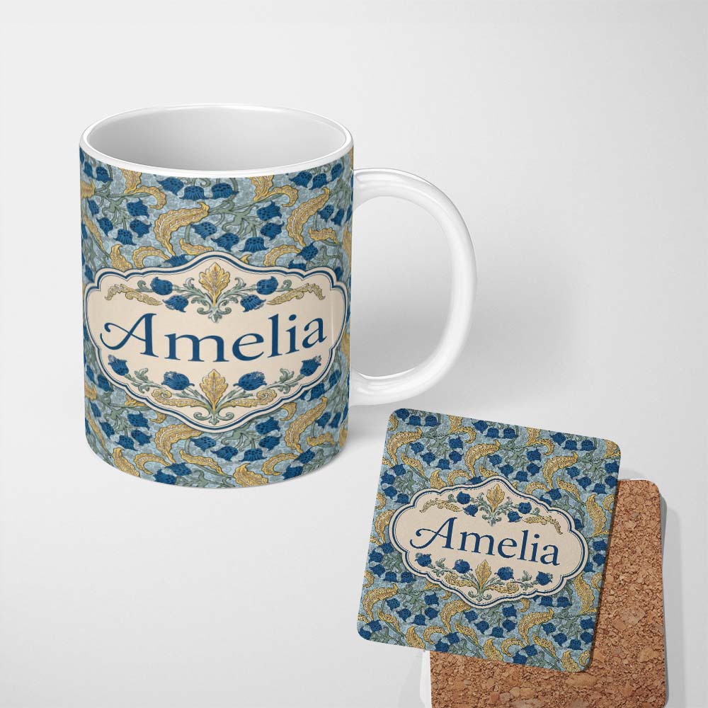 Personalized Custom Name William Morris Style Blue Floral Seamless Pattern Name Cute Unique 11oz Ceramic Coffee Tea Mug White Large Handle