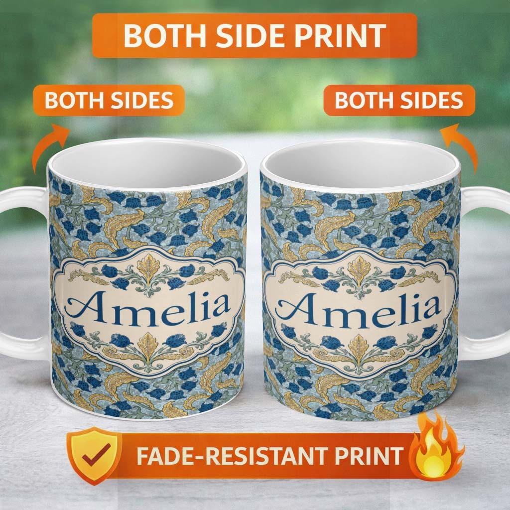 Personalized Custom Name William Morris Style Blue Floral Seamless Pattern Name Cute Unique 11oz Ceramic Coffee Tea Mug White Large Handle