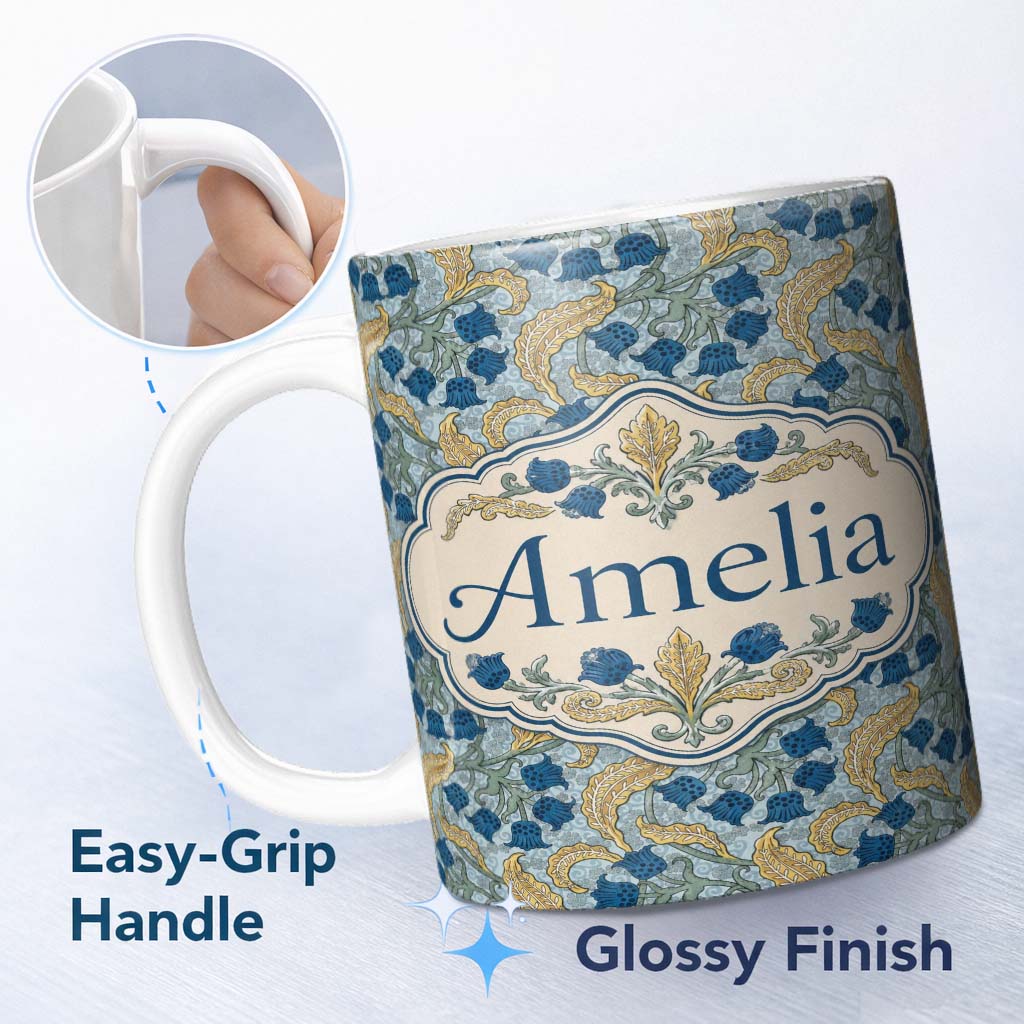 Personalized Custom Name William Morris Style Blue Floral Seamless Pattern Name Cute Unique 11oz Ceramic Coffee Tea Mug White Large Handle