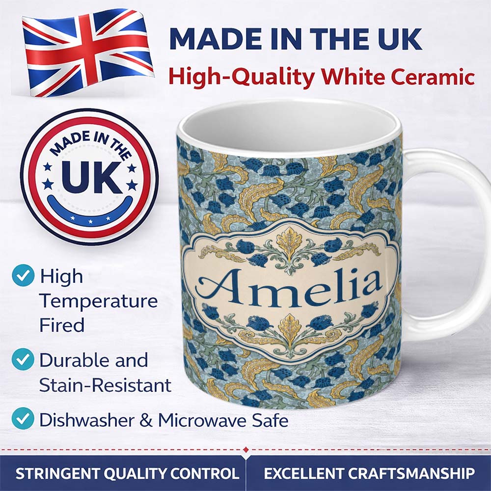 Personalized Custom Name William Morris Style Blue Floral Seamless Pattern Name Cute Unique 11oz Ceramic Coffee Tea Mug White Large Handle