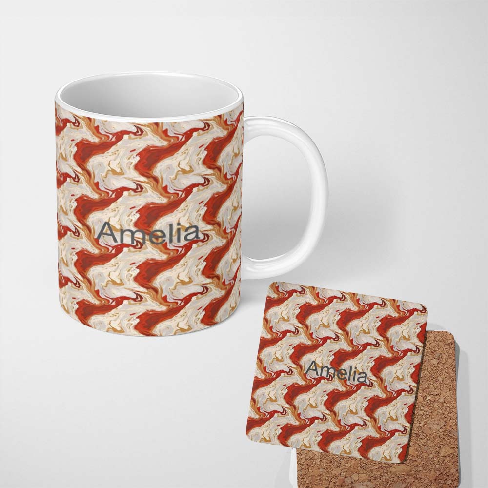 Personalized Custom Name Abstract Marble Red Beige Swirl Seamless Pattern Name Cute Unique 11oz Ceramic Coffee Tea Mug White Large Handle