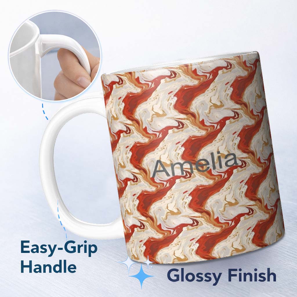 Personalized Custom Name Abstract Marble Red Beige Swirl Seamless Pattern Name Cute Unique 11oz Ceramic Coffee Tea Mug White Large Handle