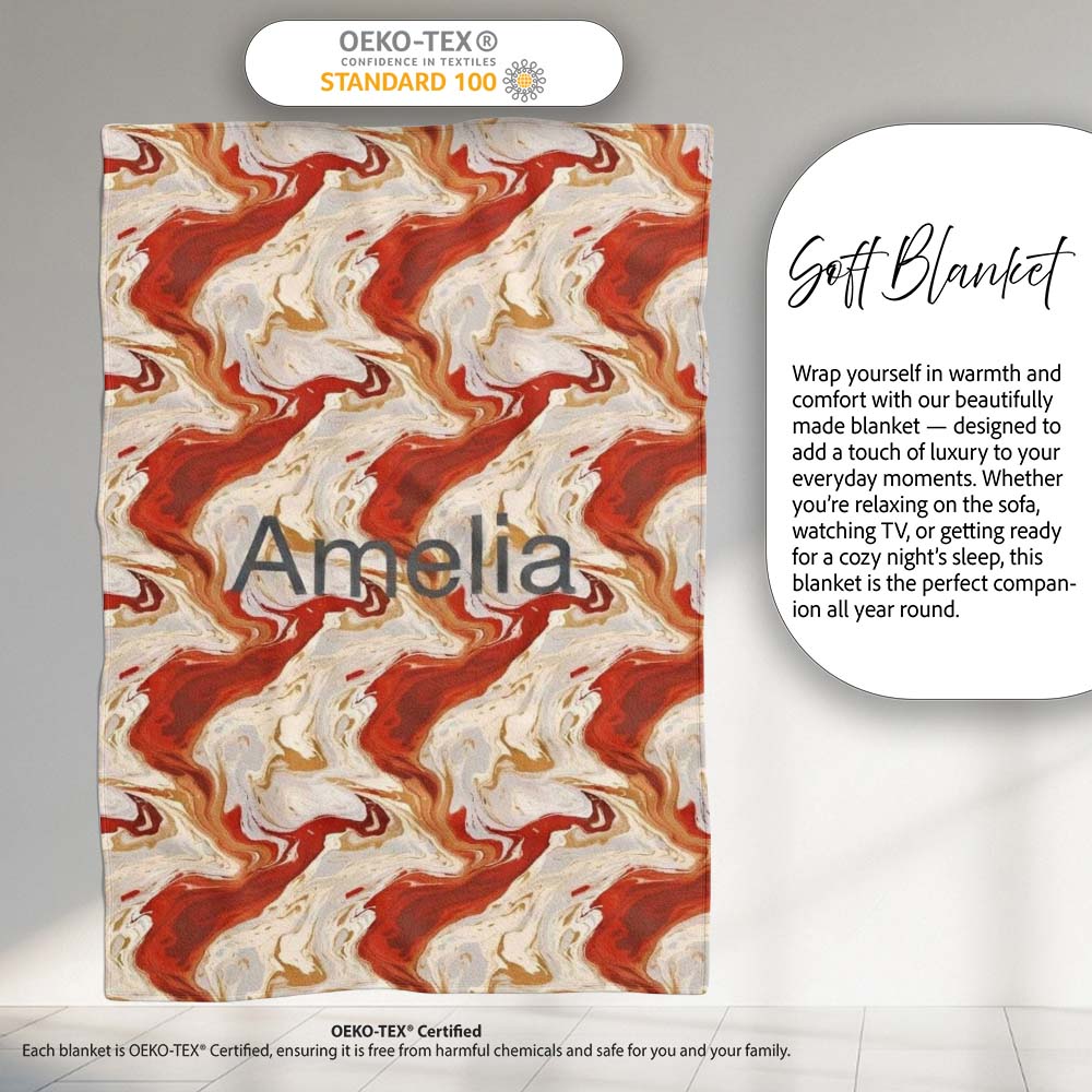 Abstract Marble Red Beige Swirl Seamless Pattern Name Cute Unique Personalised Custom Name Super Soft Fleece Blanket Bed Sofa Throw