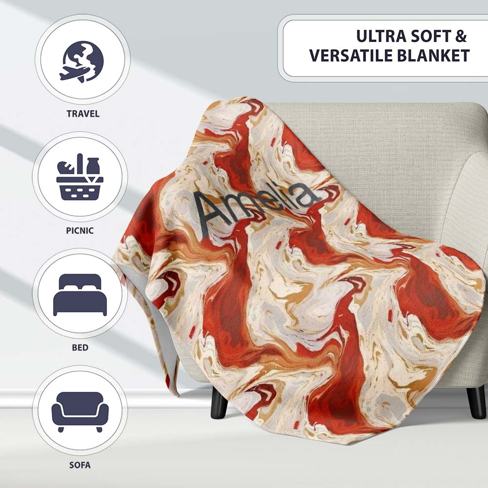 Abstract Marble Red Beige Swirl Seamless Pattern Name Cute Unique Personalised Custom Name Super Soft Fleece Blanket Bed Sofa Throw